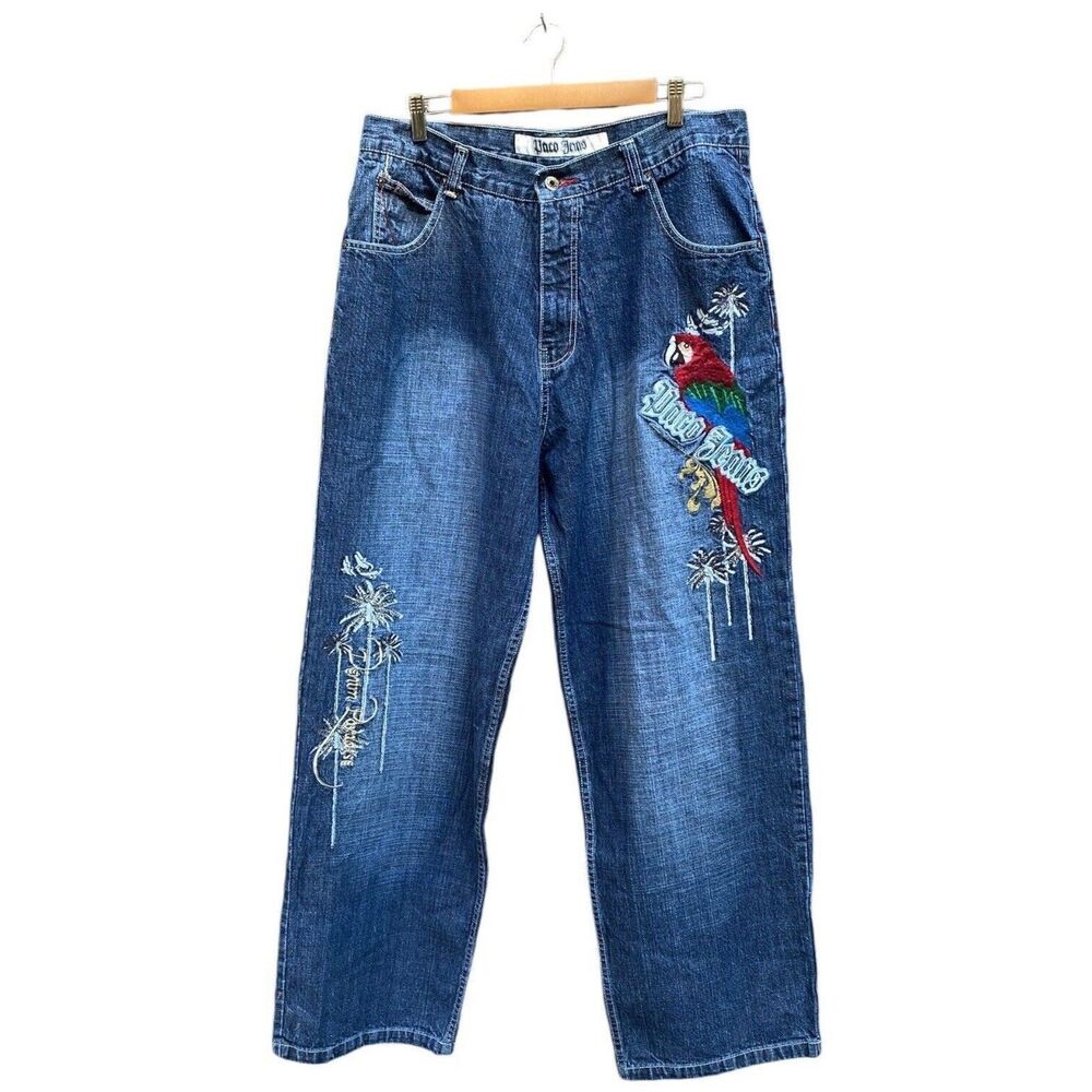 Vtg Y2K 90s Paco Jeans Baggy Wide Leg 36x31.5 Parrot Embroidered Skater Grunge